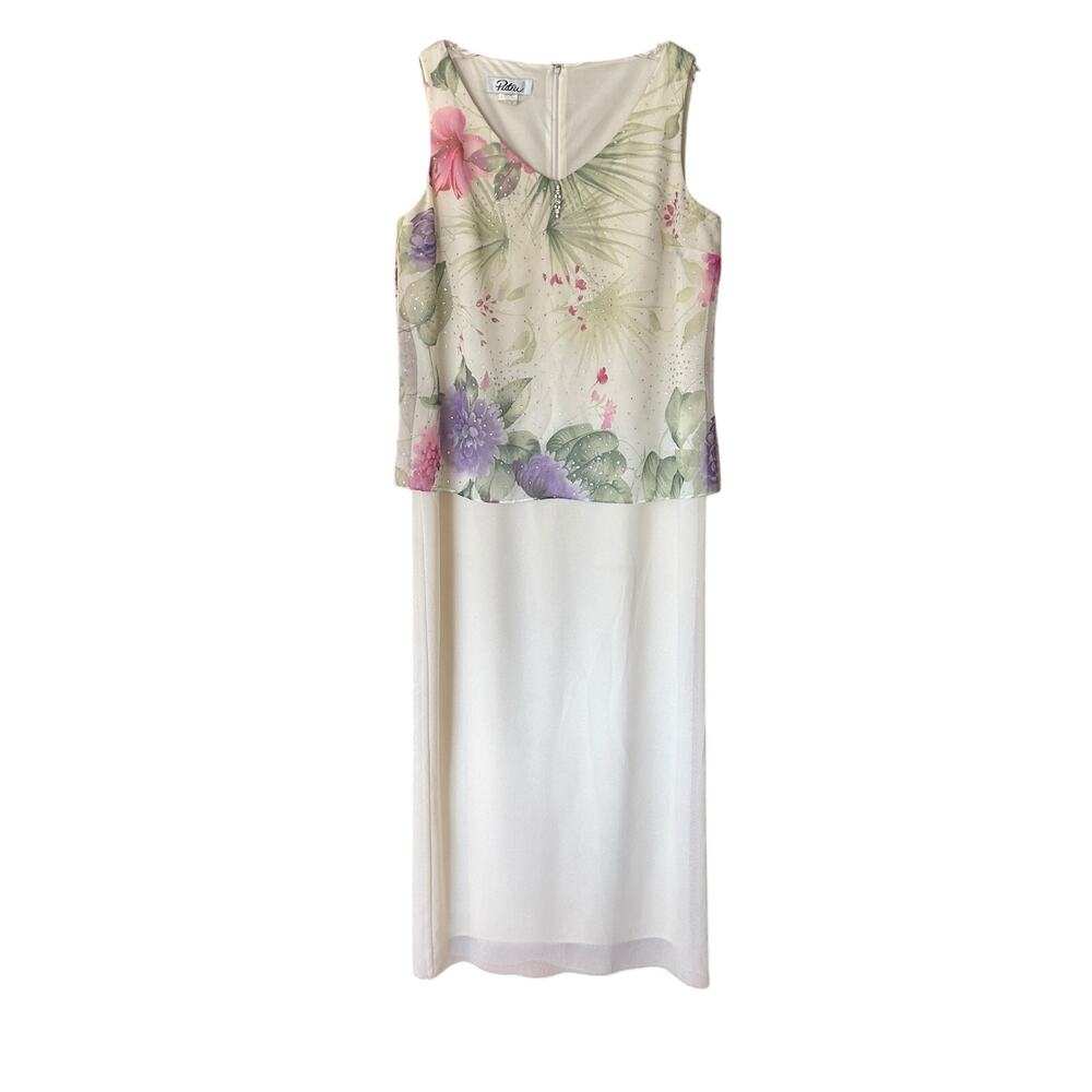 Y2K Ivory Floral Formal Dress Size XL 16 18 Vintage Chiffon Maxi Wedding Guest